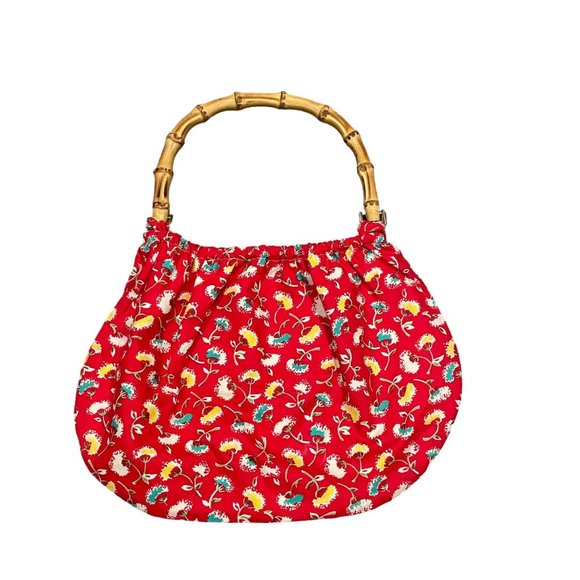 Vintage Bamboo Handle Purse Handbag Red Floral Dandelion Pattern - Picture 1 of 4
